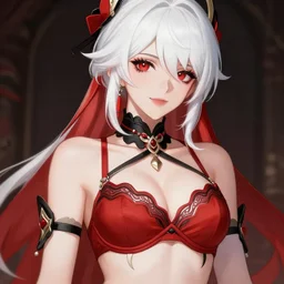 lady with eyeliner makeup from genshin impact, wavy lingeries, intricate, elegant, sharp focus, illustration, highly detailed, digital painting, concept art, art by wlop and artgerm and greg rutkowski and ross tran, masterpiece, red and white and black colors