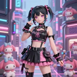 3 d anime render of a decora gyaru kawaii cybergoth emo fashion model vtuber, in a cyberpunk blade runner maximalist city of my melody sanrio plushies, artstation cgsociety