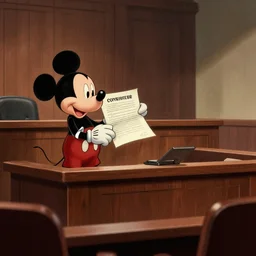 courtroom sketch of vintage disney character mickey mouse presenting evidence of copyright infringement to the judge bench court room wooden serious dark tone