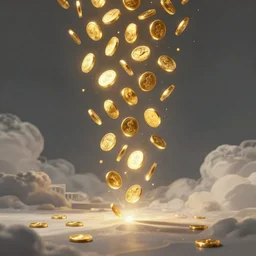 Hologram of glowing golden coins raining from the sky, elegant digital painting