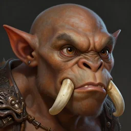 , brown orc with tusks, detailed eyes, cute, fantasy, intricate, highly detailed, digital painting, 4k, HDR, concept art, smooth, sharp focus, illustration, by Wayne Reynolds