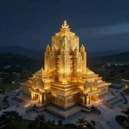 a temple made of gold in serene environment, art deco, distant, high angle, wide angle, night sky, trending on artstation, octane render, cgsociety, surrealist, cinematic, deviantart