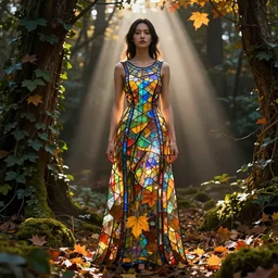 portrait of a woman wearing a dress of stained glass , autumn, dramatic volumetric lighting, god rays, global illumination, sci-fi, ivy, moss, trending on artstation, concept art by Greg Rutkowski and artgerm and Ruan Jia