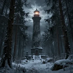 cinematic landscape, nightmare lighthouse rising from a haunted winter forest by zdzisław beksinski, photorealistic ultrasharp hyperdetailed octane render