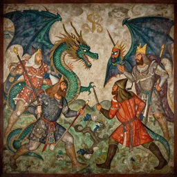 dragon attack on the gods, ancient painting, epic, medieval, gods, dragons, colorful