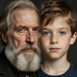 portrait, face, symmetrical, left half old bearded man, right half young boy