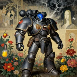 composition gothic of and futuristic, warhammer, cyber armor, scars, storm, blue head, red, yellow, juice, many mechflowers, the middle ages, highly detailed, artstation, in the style of moebius, jugendstil and classic japanese print, art byby georges de la tour, rene magritte, jean delville