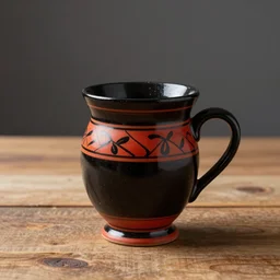 beautiful studio photograph of a coffee mug in the style of greek black on red pottery on a wooden table, hyperrealism 8 k trending on artstation