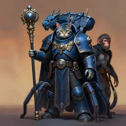 full character potrait of a genetic combination between cat & tarantula & monkey & dragon, holding a ceremonial staff, wearing a cloak, zdzislaw beksinski, lewis jones, dariusz zawadzki, wayne barlow, warhammer fantasy, cold hue's, warm tone gradient background, concept art, 4 k, ultra - high - definition