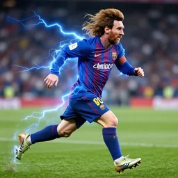 lionel messi running extremely fast wrapped in blue lightning, 8 k