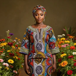 hyper realistic portrait of beautiful african yoruba woman standing in a flower garden with lots of space all round, perfect face, fine details, colorful patterns, studio lighting, subtle shadows, art by tim okamura and karol bak, canon eos r 3, f / 1. 4, iso 2 0 0, 1 / 1 7 0 s, 8 k, raw, unedited, in - frame