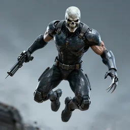 a muscular, athletic cyborg assassin in skin - tight futuristic armor, skull face, berserk, metal claws, futuristic gun, leaping, attacking