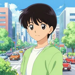 akira toyama city with cars in comic book, beautiful colors