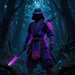 neon samurai, dark forest in style of Hicham Habchi, trending on ArtStationH