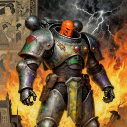 composition of gothic and futuristic, warhammer, cyber fight armor, more and more scars, thunderstorm, firestorm, orange head, some green and purple, yellow, the middle ages, highly detailed, artstation, in the style of moebius, jugendstil and classic japanese print, art by jean delville