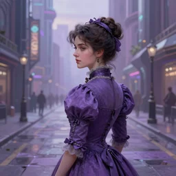 portrait of a victorian lady in a futuristic city, from behind, streets, beautiful, purple, highly detailed, digital painting