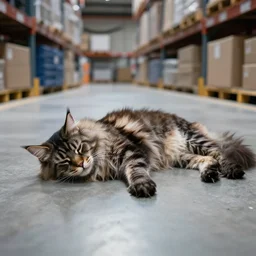 picture of frostmourne the undead maine coon cat zombie sleeping on amazon warehouse factory floor