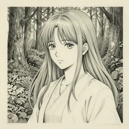 forest biologist princess. decal by award - winning mangaka, intricate details, heavily stylized, muted palette, ink sketch, b & w