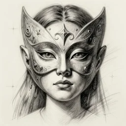a sketch drawing, ultra detailed, portrait, mystical, fantastic, magic, mask, beautiful eyes, beautiful woman, surreal, trending on artstation