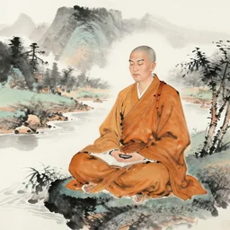 zen monk meditating by a river, chinese landscape, traditional chinese ink painting,