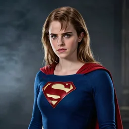 Medieval Supergirl cosplay by Emma Watson, seductive gaze, 8k, professional photography, cinematic studio shot, dark, smoke