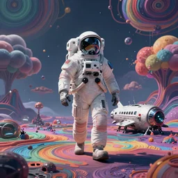 a futuristic detailed astronaut walking on an alien psychedelic surface with strange colorful clouds and distant mountain, leaving his crashed spaceship behind. 8 k