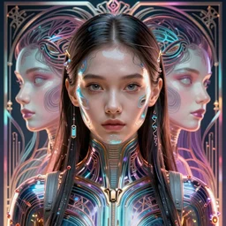 front pose, beautiful female cyberpunk teen with glass skin, rim light, ultra - fine detail, art nouveau, intricate artwork by tooth wu and wlop and beeple, artgerm, symmetric, cinematic, hyper realism, high detail, octane render, unreal engine 5, 8 k, vibrant colors, smooth gradients, high contrast, depth of field, aperture f 1