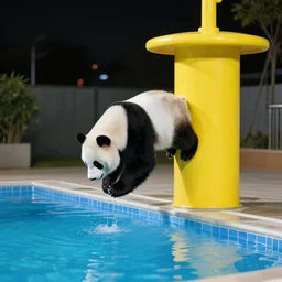 night scene at the yellow jumping tower of a swimming pool. a panda bear is jumping into the swimming water from the 1 0 m high tower platform. water is splashing. people are applauding. beautiful painting, high detail, pencil and watercolor