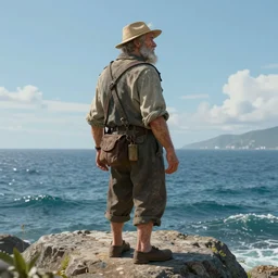 old gruff fisherman staring out to sea, unreal engine, very intricate, hd, extremely detailed, sharp focus, wide view, full body shot, smooth, digital illustration, by james jean, by rossdraws, frank franzzeta, mcbess, sakimichan, brosmin, danton fadeev, steve simpson