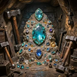 a dwarven treasure room containing large multifaceted jewels, war hammers, and dwarven mining equipment