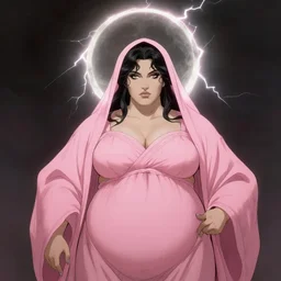 portrait of plump sorceress of the moon, pink robe and veil, lightning halo, strong line, muted color, beautiful! coherent! by frank frazetta, by boris vallejo