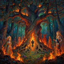 high intricate psychedelic painting of evil forest spirits burning the ancient forest, massive ancient tree, maria panfilova, andrea savchenko, mike kime, ludovic plouffe, qi sheng luo, oliver cook, david noren, trending on artstation