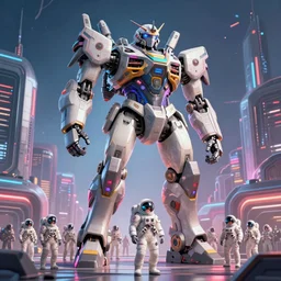 a photo of an enormous mech towering over a crowd of astronauts in a futuristic city in the background, ultra realistic, hyper - detailed, unreal engine, raytraced lighting, colorful accents