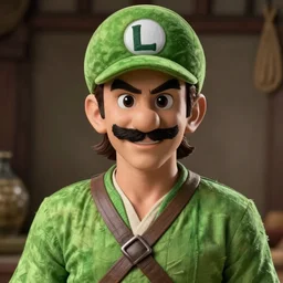 hyper realistic, realistic - anime, portrait, beautifully rendered, ancient garb, luis guzman as luigi wearing green, smirking deviously, luigi, luigi's nose, painted by jan van eyck, albrecht durer, gustave courbet, greg rutkowski, wlop, artgerm, dishonored 2,