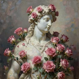 greek god statue covered in roses, highly detailed surrealist art, ethereal, trending on art station, emotional surrealism oil painting, very very very very very beautiful, covered in roses