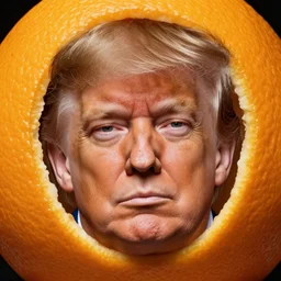 donald trump face inside an orange, orange skin, messy hair, face, orange