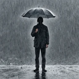 a drawn man standing in the rain.