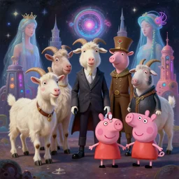 a painting of very well dressed goats, a dog that is sitting down with a space background, medieval peppa pig, cyberpunk art by android jones and mike beeple winkelmann, eye - candy, ethereal goddesses, crazy architectures, cute animals and magic portals, cinematic, highly detailed, blender 3 d, trending on cgsociety, 3 d render, rendered in octane