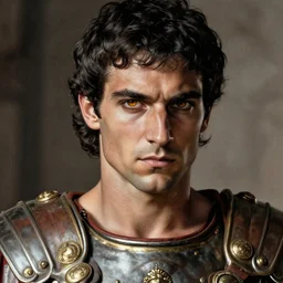 roman general, handsome black - haired noble, ancient soldier, close - up portrait of roman warrior in lorica segmentata, character portrait, masterfully shaded, rome total war, deep focus, amber eyes, insane color, artstation, perfect dramatic lighting, 8 k, movie cover art, sharp focus, anatomically correct, historical reconstruction, by frank frazetta
