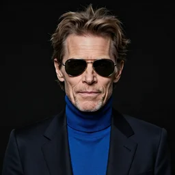 black background, colored colorized portrait, colored colorized photograph, willem dafoe with short yet messy wavy hair, aviator sunglasses, and wearing a blue turtleneck and an expensive black blazer, realistic hyperrealistic 4 k resolution 8 k resolution highly detailed very detailed extremely detailed hd quality detailed face very detailed face extremely detailed face trending on artstation, modern portrait, modern photograph