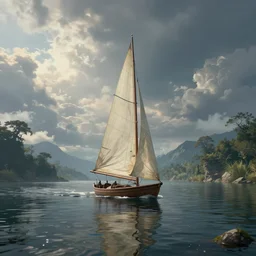 lonely sail along a calm fantasy river, exquisite, volumetric lighting, 8 k octane beautifully detailed render, post - processing, extremely hyper - detailed, intricate, epic composition, cinematic lighting, masterpiece, trending on artstation, stunning art by maxwell boas, by eugene louis boudin, beautiful cinematic light