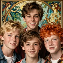 close up portrait of mischievous male teen triplets, blond boy, brunette boy and redhead boy, ambercrombie by artgerm, cushart krenz, greg rutkowski, mucha. art nouveau. gloomhaven, tropical atmosphere, natural tones, vibrant colors, sharp edges. ultra clear detailed. 8 k. elegant, intricate, octane render