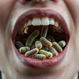 a mouth full of bacteria. rotten image. realistic photograph.