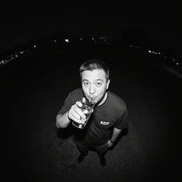 drone view trailcam image of drunk Chief Keef, black and white, nightshot, fish eye lens, grainy