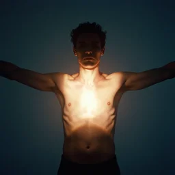 worksafe photo of a man's upper body with arms flung wide and light shining from within his chest, face obscured, acid trip, inner light, hyperreal, in the style of amy leibowitz, wlop, jeremy lipkin, beeple, artgerm