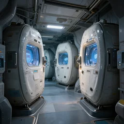 interior of a space ship with cryogenic pods, volumetric lighting, atmospheric