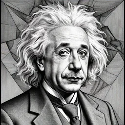 Geometrically surreal Einstein, extremely high detail, photorealistic, intricate line drawings, dotart, album art in the style of James Jean