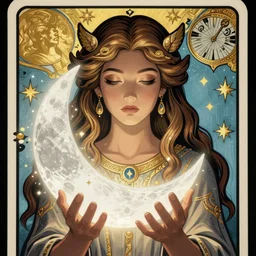 [ artemis holding the moon in her hands ]!!, closeup!!, filling it with magical energy, digital art, tarot card, portrait!!, trending on polycount, cgsociety contest winner, digital art, 4 k, sharp, detailed, intricate, illustrated by greg rutkowski