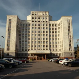 photograph of a sharknado brutalist soviet office building parking lot in sunshine kodachrome style of simon stahlenhag
