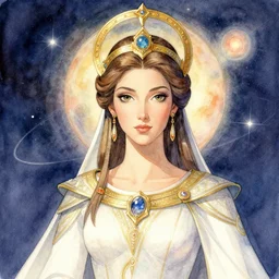 watercolor portrait of the powerful empress of the solar system in the style of charlie bowater and in the style of alex maleev. glowing, ornate and intricate linework, sharp focus, depth of field, stunning, dynamic lighting, ultrafine and hyperdetailed.